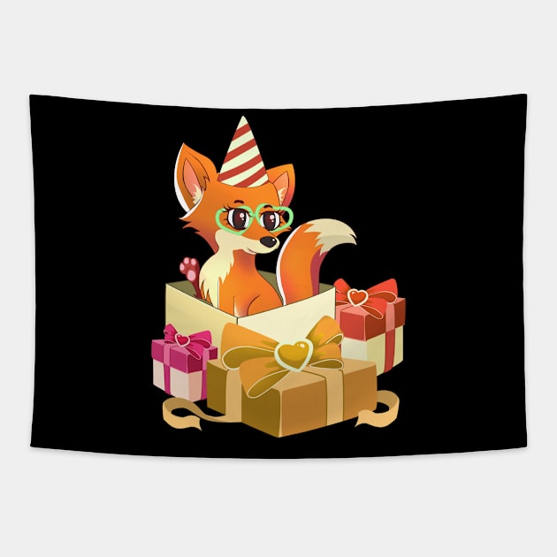 Party Hat Cute Fox Birthday Tapestry by TheBeardComic