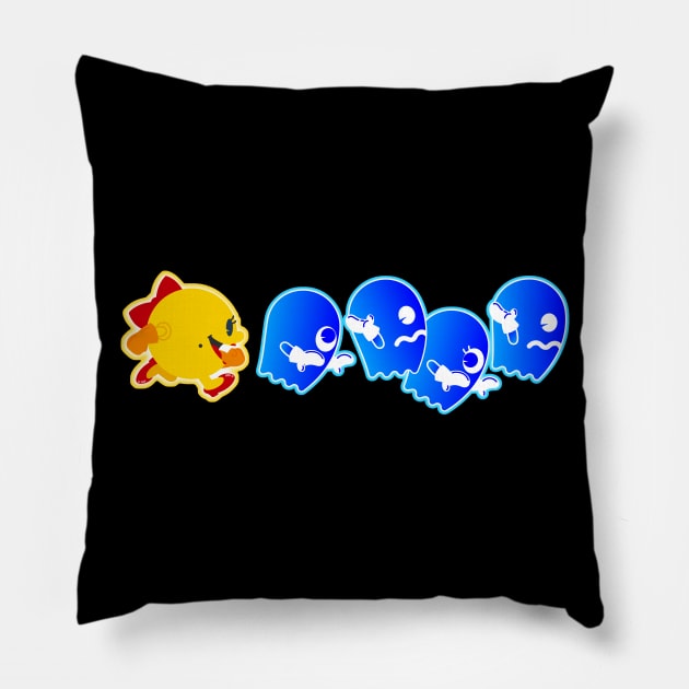 Mrs. Pac-Man on Pursuit Pillow by JPenfieldDesigns