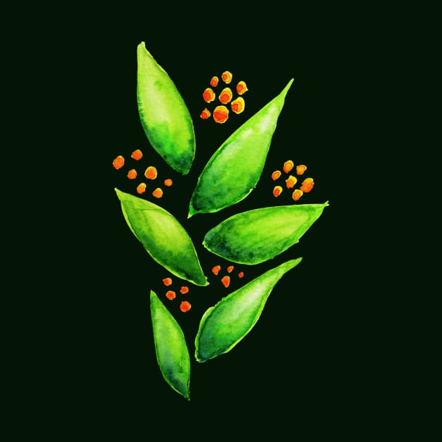 Abstract Watercolor Green Plant With Orange Berries by Boriana Giormova