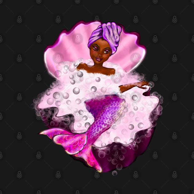 Mermaid spa day in Oyster clam shell 4 - Black anime mermaid in bubble bath. Pretty black girl with Afro hair, green eyes, Cherry pink lips and dark brown skin. Hair love ! by Artonmytee