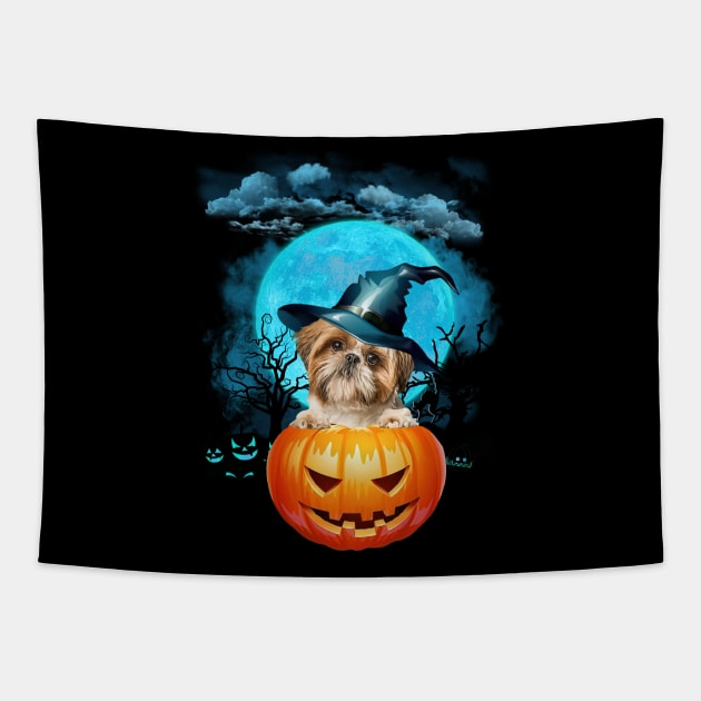 Shih Tzu Witch Hat Pumpkin And Blue Moon Halloween Tapestry by Tagliarini Kristi