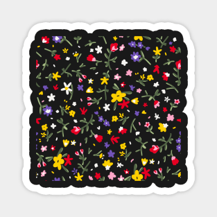 Rainbow Ditsy Flower Pattern Over Black Magnet