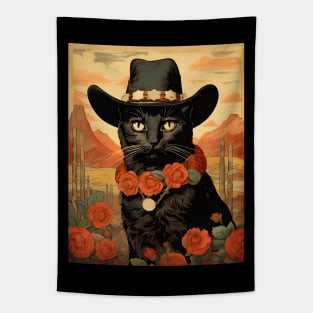 Retro Vintage Cowboy Black Cat - Whiskered Wild West Adventure Tapestry