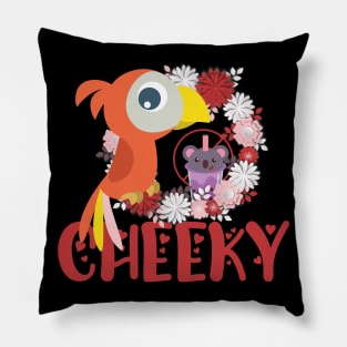 Cheeky parrot having a green tea boba, taro and milk on a forbidden zone. Spring design, fresh approach Pillow