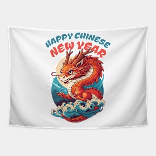 Happy Chinese New Year: Playful Little Dragon in Orange, Red, and Blue Tapestry