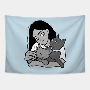 Cute girl and gray cat Tapestry