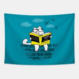 Funny Cute Nerdy Cat Reading Studying Cartoon For Cat Lovers Tapestry