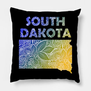 Colorful mandala art map of South Dakota with text in blue and yellow Pillow