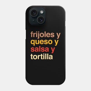 Deconstructed bean and cheese breakfast taco: frijoles y queso y salsa y tortilla (list of ingredients in real colors, in Spanish) Phone Case