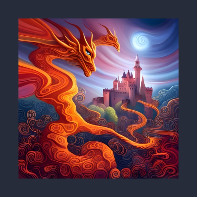 A psychedelic painting of dragons and castles. by druidwolfart