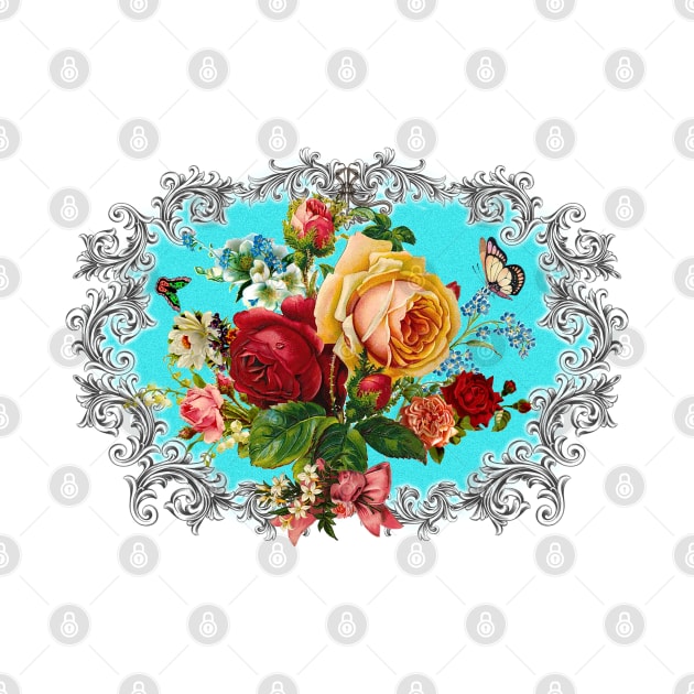 Luxury Roses & Scrolls Center piece in Turquoise Background. by LizzyizzyDesign
