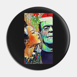 Christmas Frankenstein and Bride Kiss under the mistletoe Pin