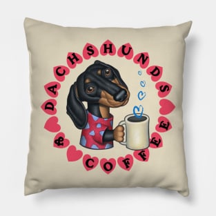 Cute Funny Dachshund Holding Coffee Mug Pillow