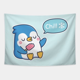 Cute Penguin With Popsicle Says Chill Tapestry