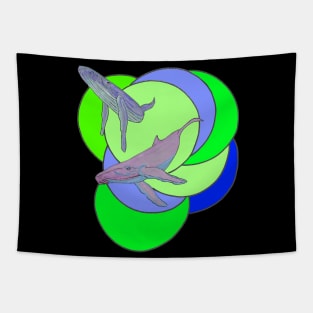 Whale Duo swimming in Colorful Circles Tapestry