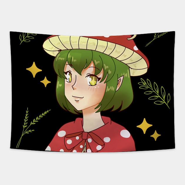 Cottagecore Aesthetic Anime Girl Mushroom Hat Tapestry by Alex21