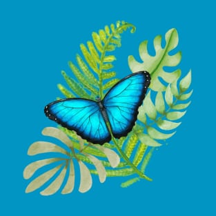 Blue Butterfly on Tropical Leaves T-Shirt