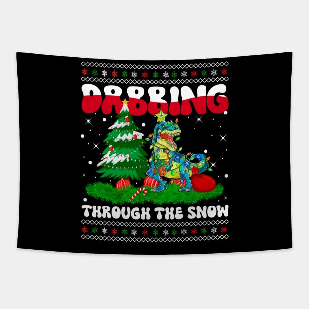 Dabbing Through The Snow T-Rex Dinosaur Christmas Lights Dabbing Dinosaur Tapestry by wonderws