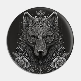 wolf and flowers Pin