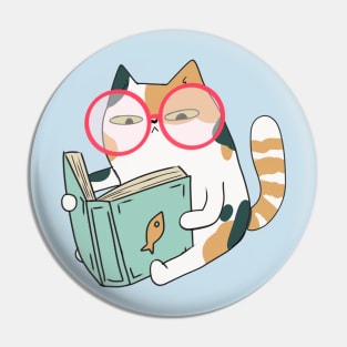 Cute Calico cat reading a book with glasses Pin