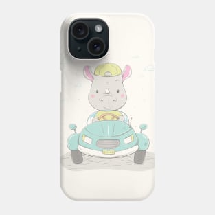 Lovely cute rhino rides a car on a summer road Phone Case