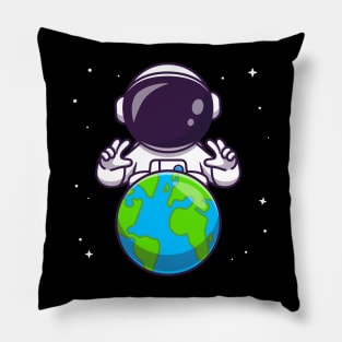 Cute Astronaut With Earth In Space Cartoon Pillow