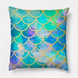 Mermaid Tail Scales Sea Turquoise Vibrant Blue Gold Pillow