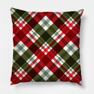 Red Cream and Green checked Tartan diagonal Plaid Pattern Pillow