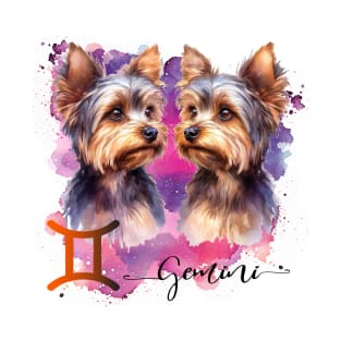 Gemini Zodiac Sign Cute Twin Yorkies Watercolor art T-Shirt