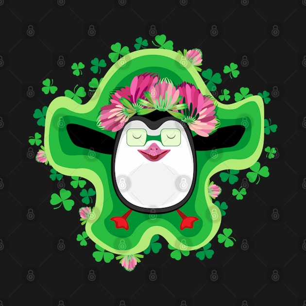 Penguin in a wreath of clover flowers by IrinkaArt