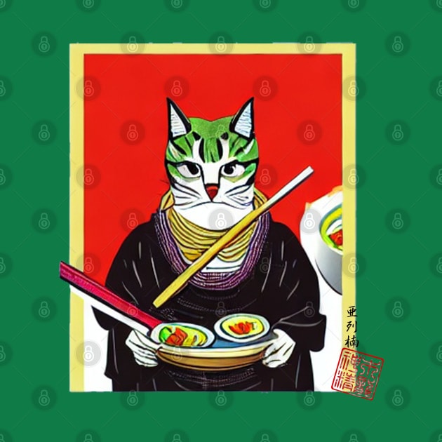 Samurai Cat Enjoying Ramen by Master Alex Designs