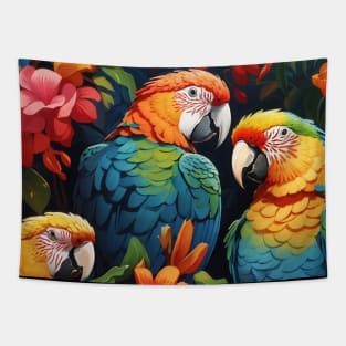 Floral Feathers: Parrot Serenity in a Tropical Garden Tapestry