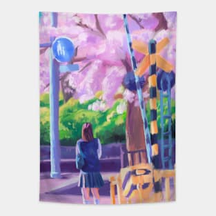 Japanese cherry blossom anime girl aesthetic street Tapestry