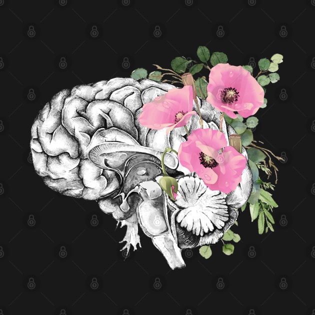 Brain Floral pink flowers, Mental Health awareness by Collagedream