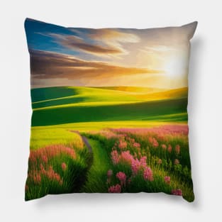 Grassy Meadow with Pink Wildflowers Nature Landscape Pillow