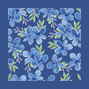 Blue Petal Flower Watercolor Pattern Blue Background T-Shirt