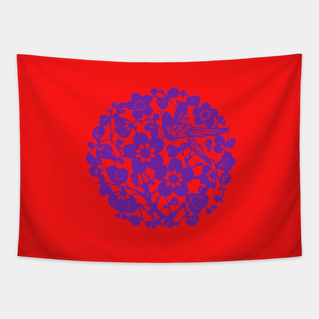 Traditional Chinese Paper Cutting Floral Pattern - Hong Kong Retro Bright Red with Purple Symbol Tapestry by CRAFTY BITCH