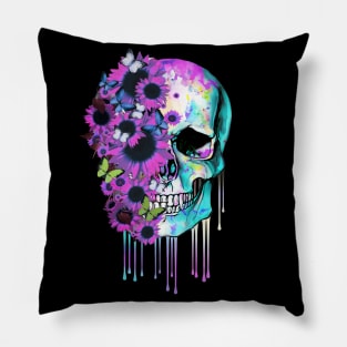 Tattoo skull floral sunflowers watercolor design Pillow