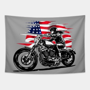 Woman biker on motorcycle with American flag Tapestry