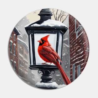 Cardinal Bird Sat On A Snow Covered Street Lantern Pin