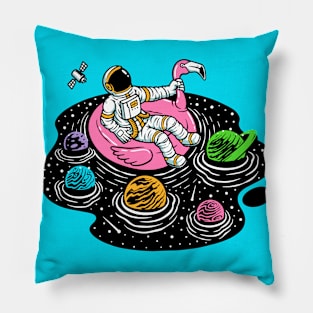 Astronaut Lounging in a Space Pool on a Pink Flamingo Floatie Pillow