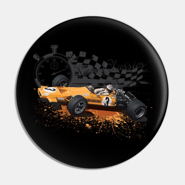 Retro Formula 1 T-Shirt - Denny Hulme McLaren M7A Design Pin by funkymonkeytees