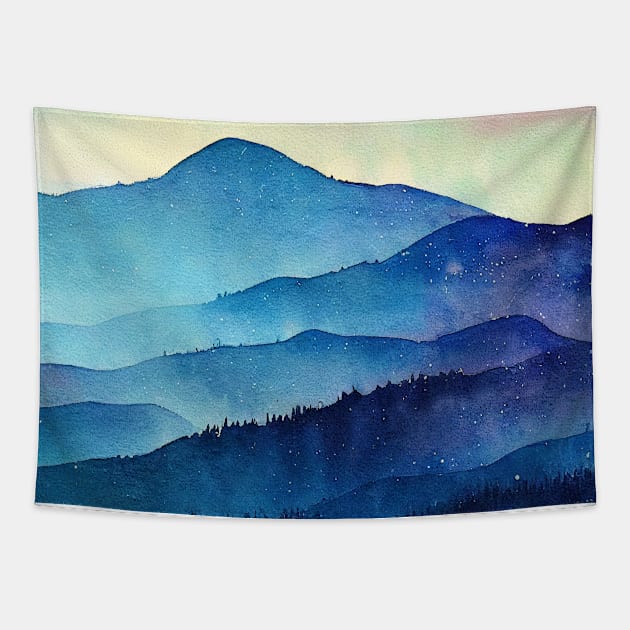 Watercolor mountains landscape Tapestry by redwitchart