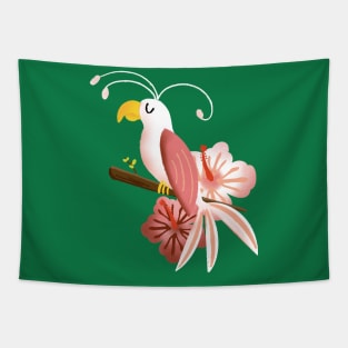 White and Pink Tropical Bird with Hibiscus Flowers Tapestry