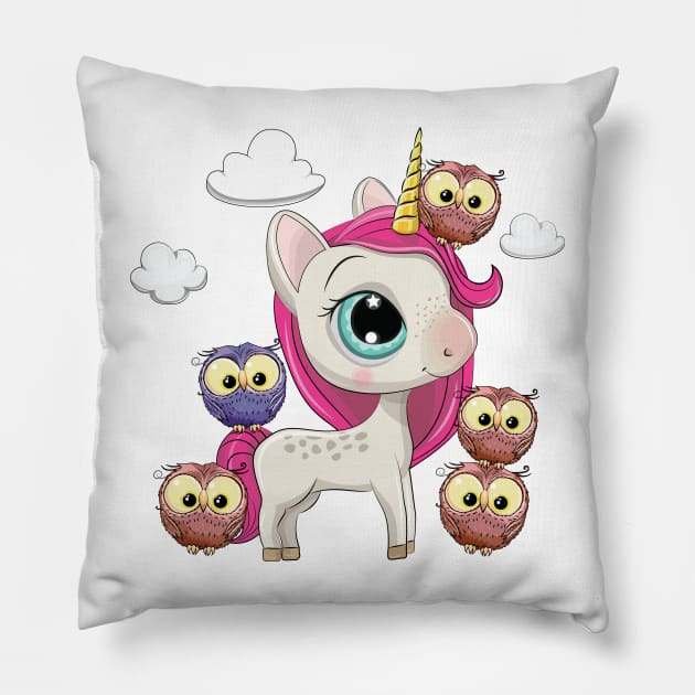 Cute little unicorn girl and owls with clouds and pink hair Pillow by playmanko