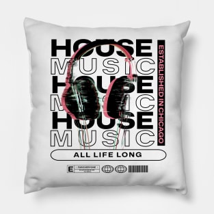 HOUSE MUSIC  - Grainy Headphone Text Overlap (Black) Pillow