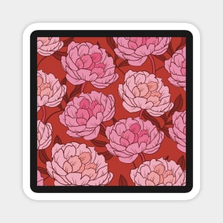 The pink peonies in a lovely pattern on a red background Magnet