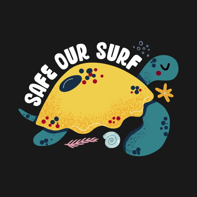 Safe our Surf quote with cute sea animal turtle, starfish, coral and shell by jodotodesign