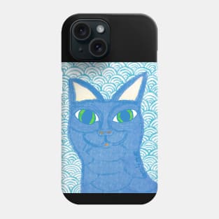 Blue cat with Japanese waves Phone Case