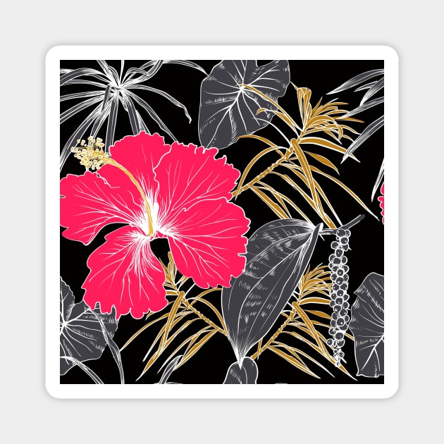 Tropical exotic flowers and leaves Magnet by Olga Berlet